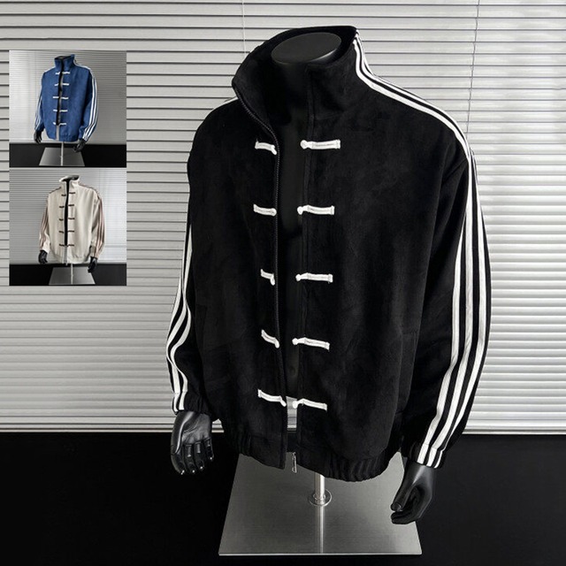 ♥ニューチャイナスタイルの新定番！【OULANGSENシリーズ】★チャイナ風アウター★ 3color ジャケット 男女兼用 メンズ 大きいサイズ 縦縞 縞模様 チャイナボタン