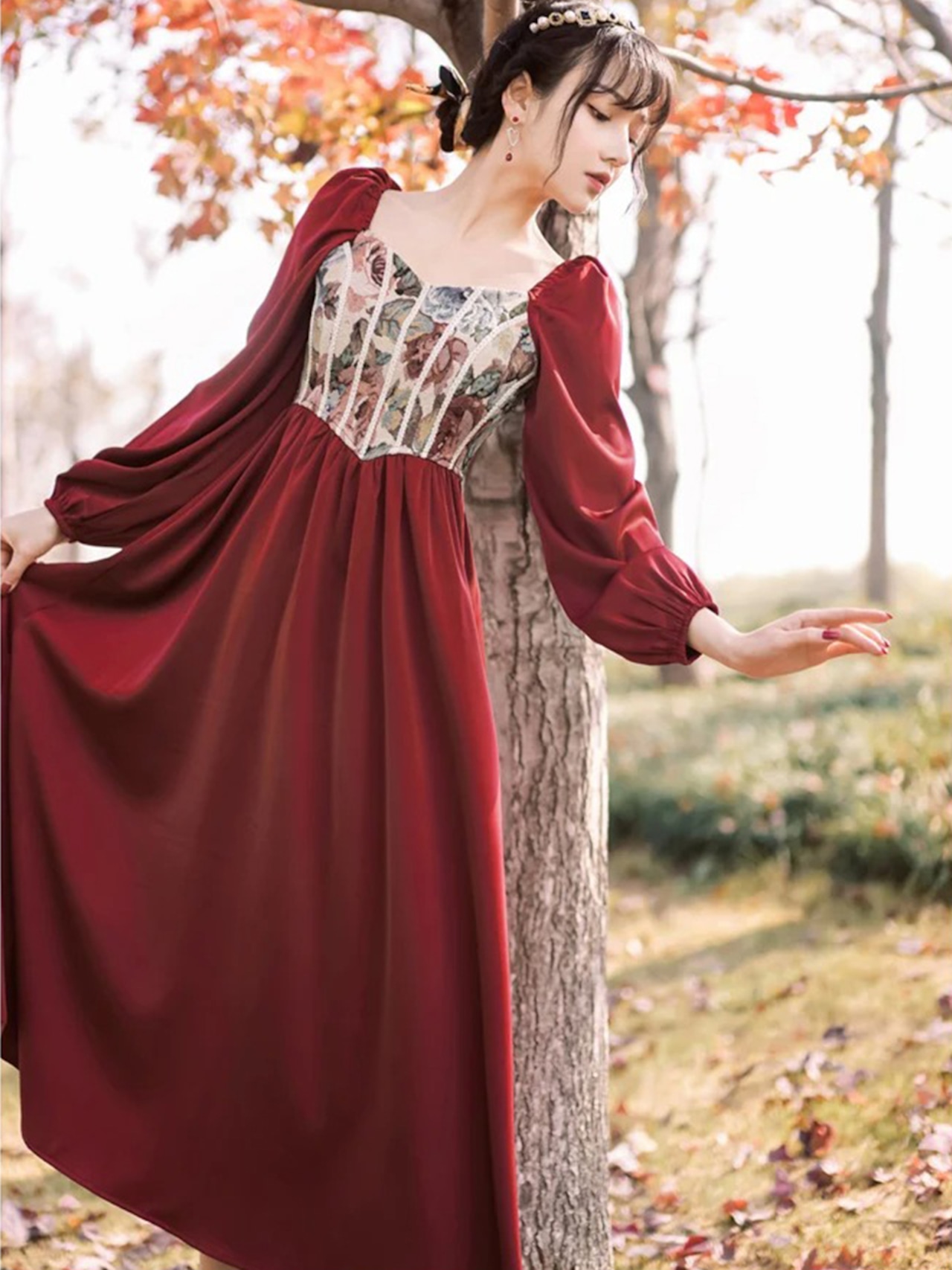 【0101】Red Flower Vintage Long Sleeve Dress