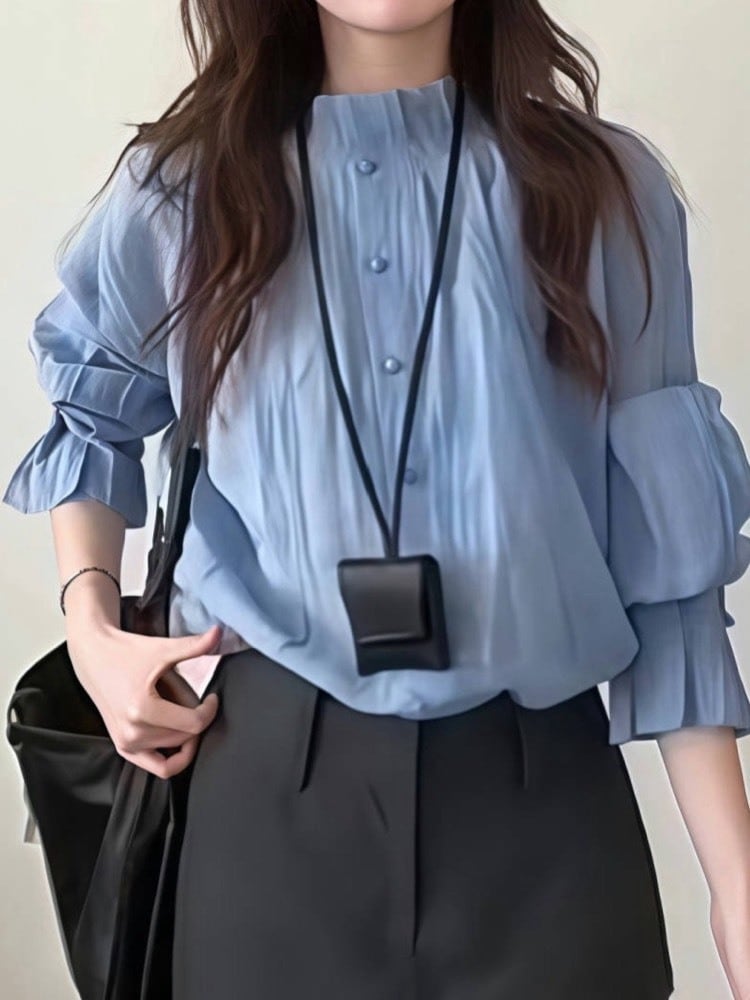 きちんと感もやわらかさも スタンドカラーとろみブラウス ボリューム袖 大人可愛い 着回し きれいめ 透け感 体型カバー 大きいサイズ 韓国 CH11354