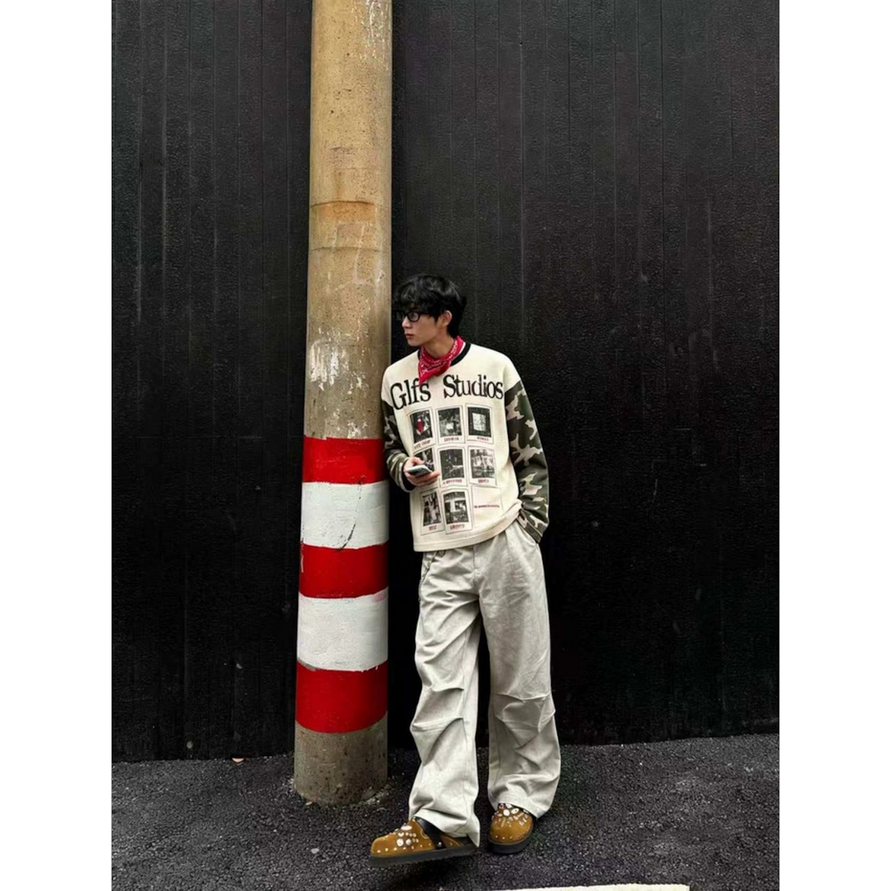 VINTAGE ストリート カモスリーブ ワッフルロングTシャツ T2231