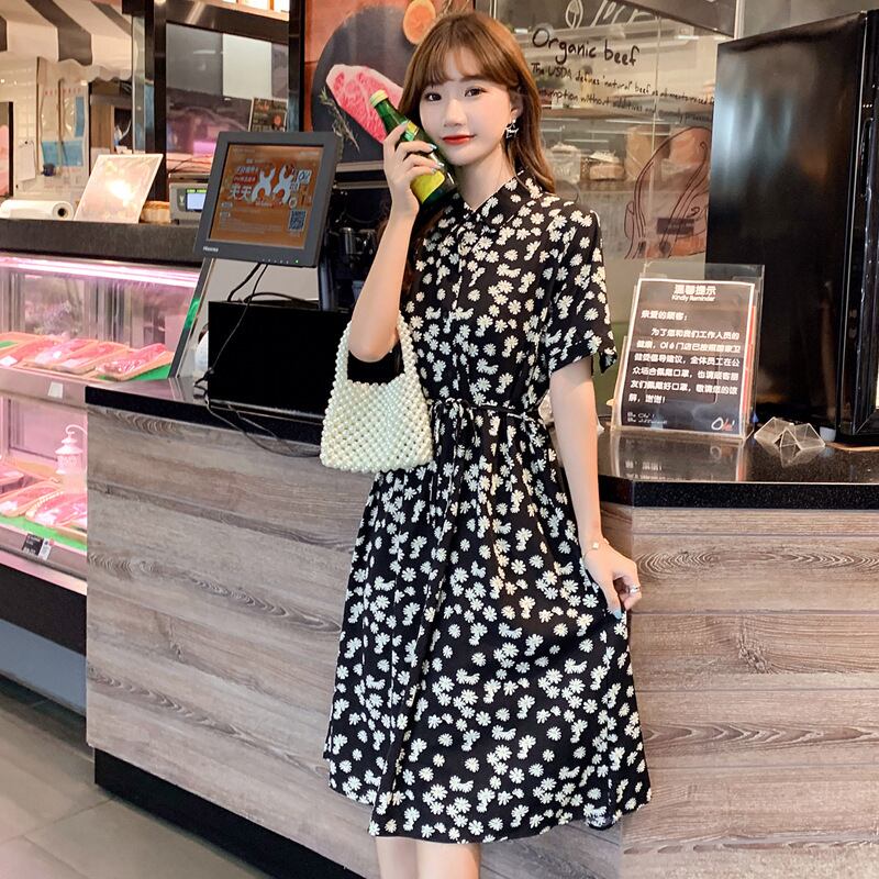 【新作】【送料無料】 マタニティウェア2020夏新作シフォンスモールデイジーラペルAラインスカートスモールフレッシュミドル丈ドレス妊婦-アリババ サマー 夏物 expec245420598336