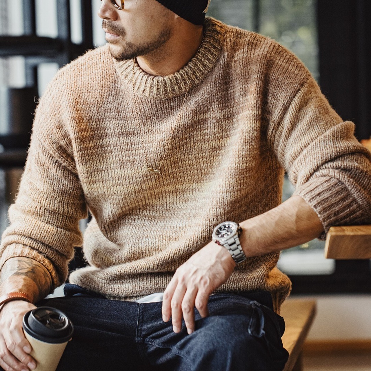 Round Neck Gradient Stripe Sweater / ラウンド ネック グラデーション ストライプ セーター