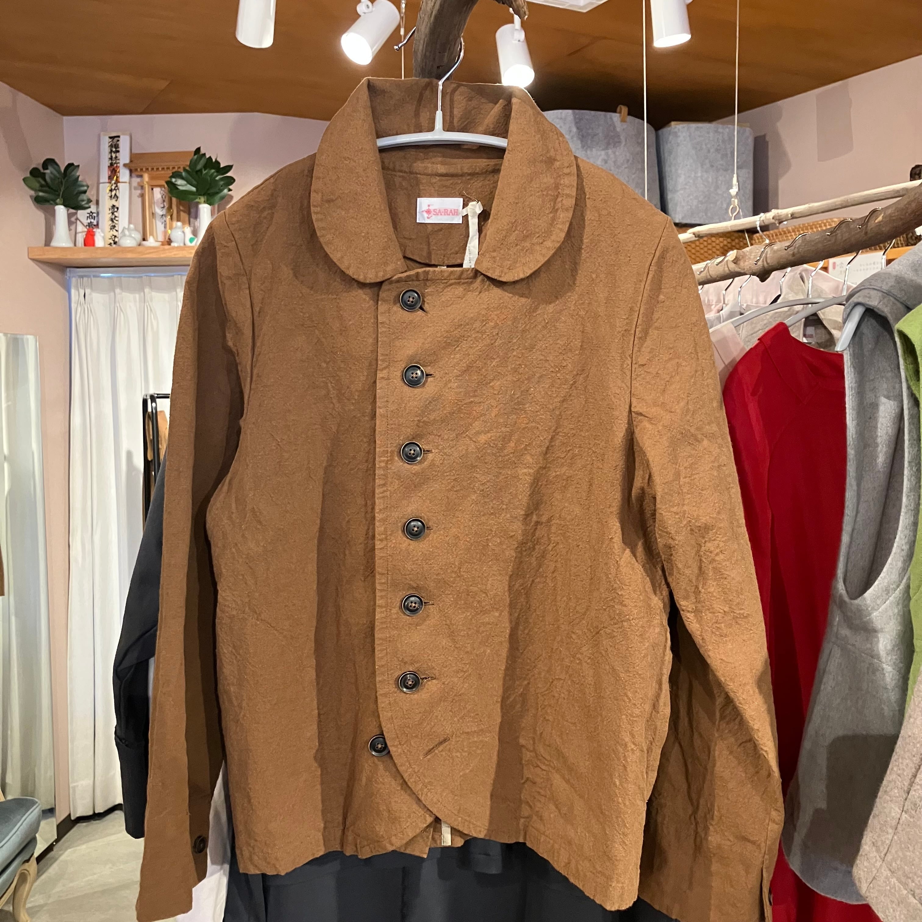 Sa-Rah ラウンドカーディガンジャケット レディース 柿渋コットンリネンブラウン