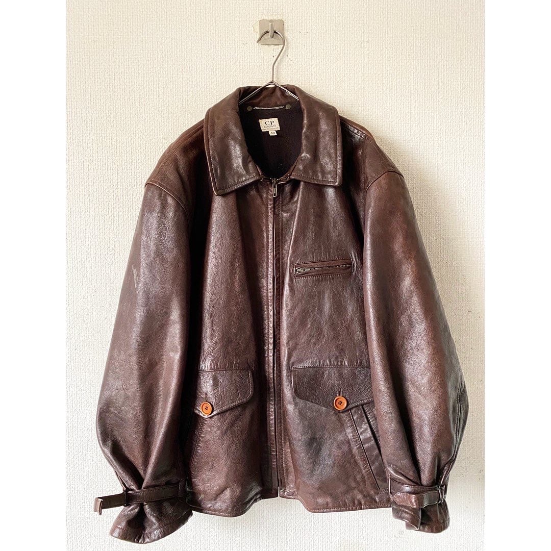 vintage 80s〜90s c.p.company brown design leather jacket