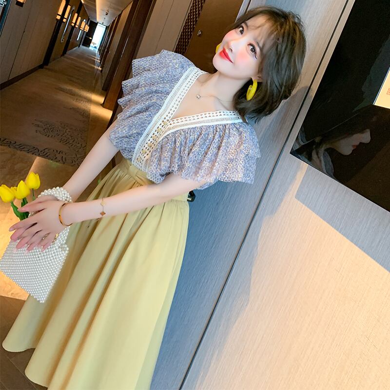 レースVネックシャツ ハイウェストスカート サマー 夏物 ソリッドカラー MIUCO62899158479