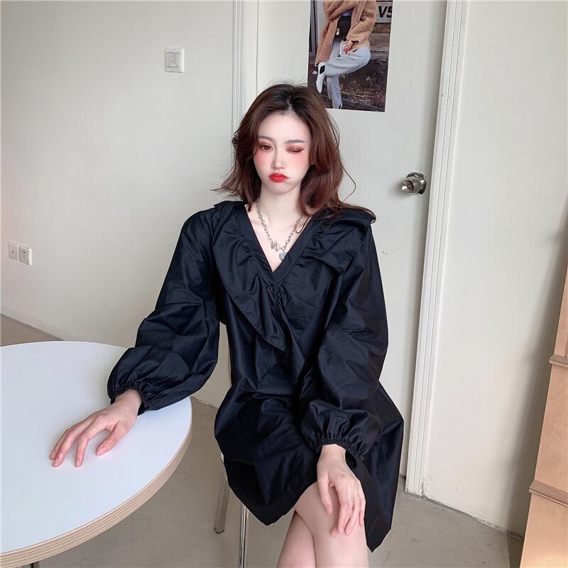 ドレス Vネックルーズスカート スプリングブラックショート ロング 春物 ブラックストロベリース38636529407