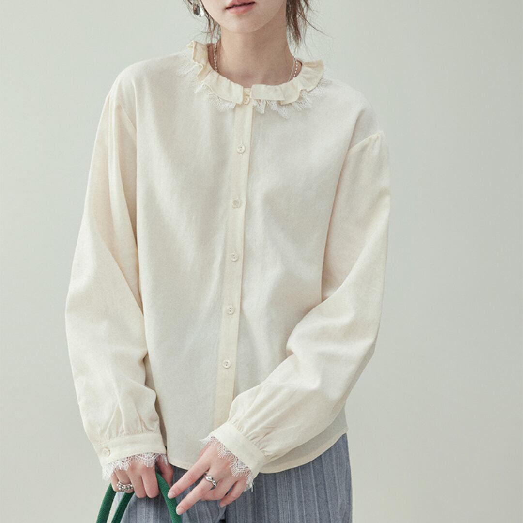 french lace round neck button shirt