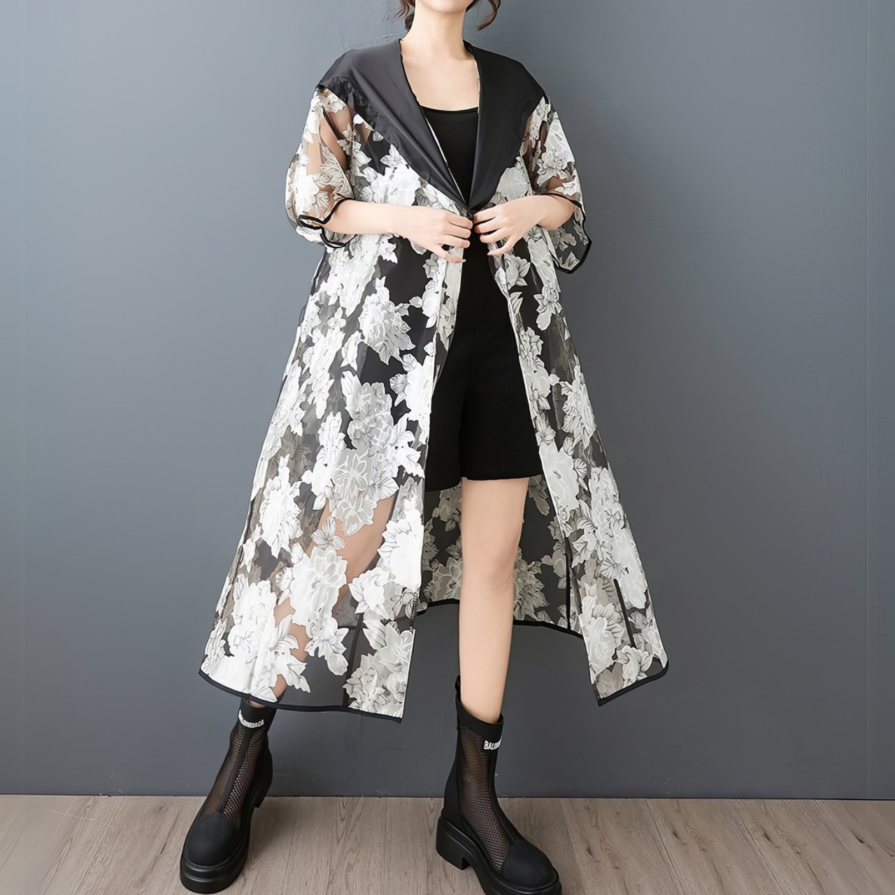 フラワープリント シアー ロングカーディガン  30012