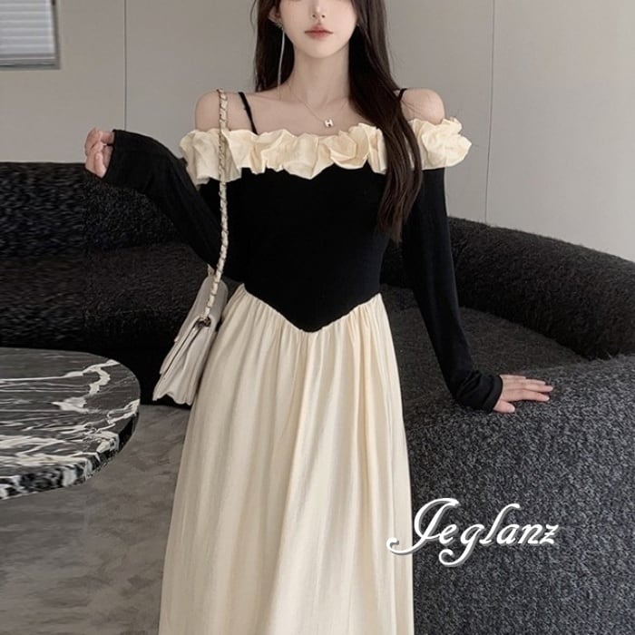 コードショルダー ワンピース ドレス バイカラー フリル きれいめ ♪(M4391)ζ