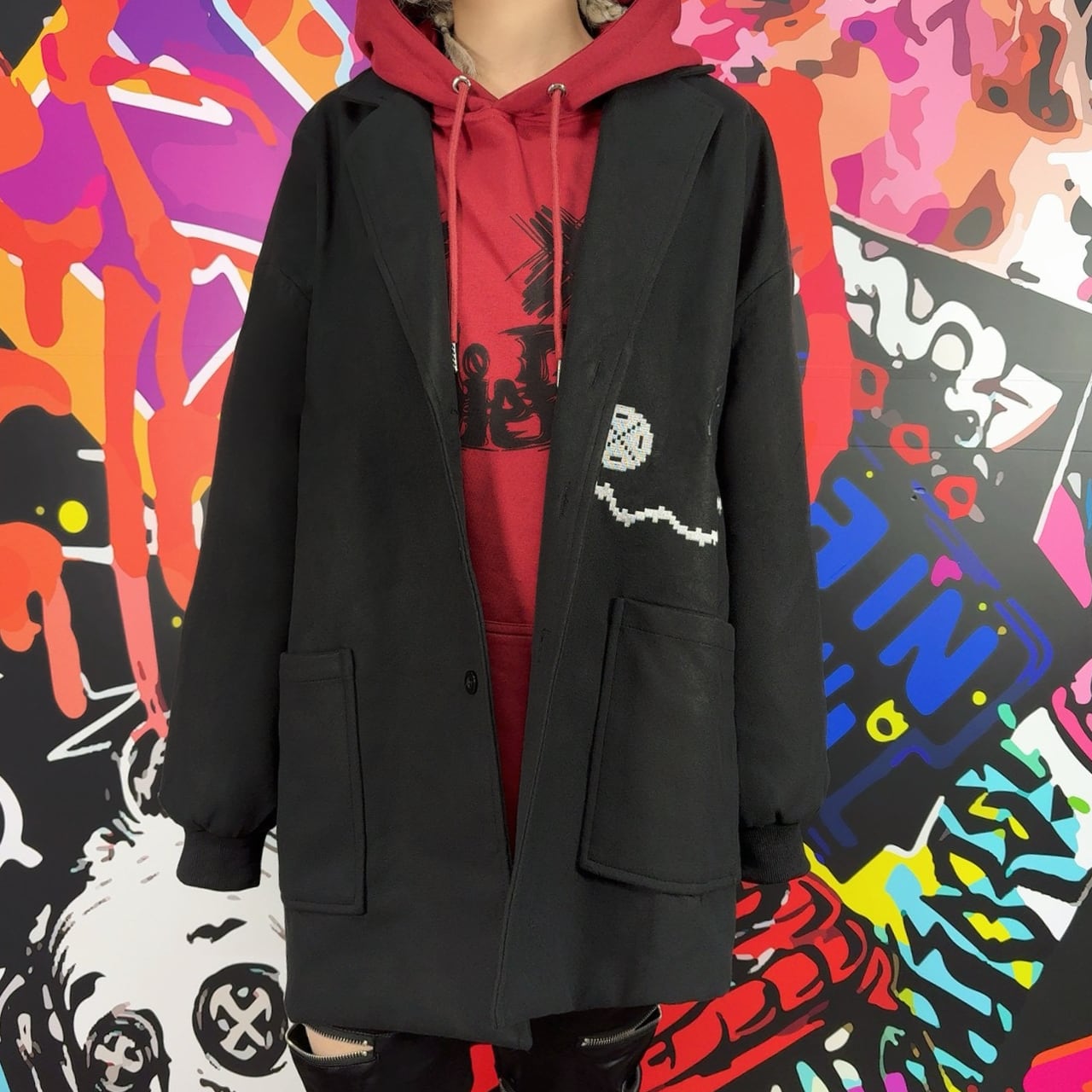 ドットフェイス刺繍入りオーバーサイズBLACKコート | NIER CLOTHING