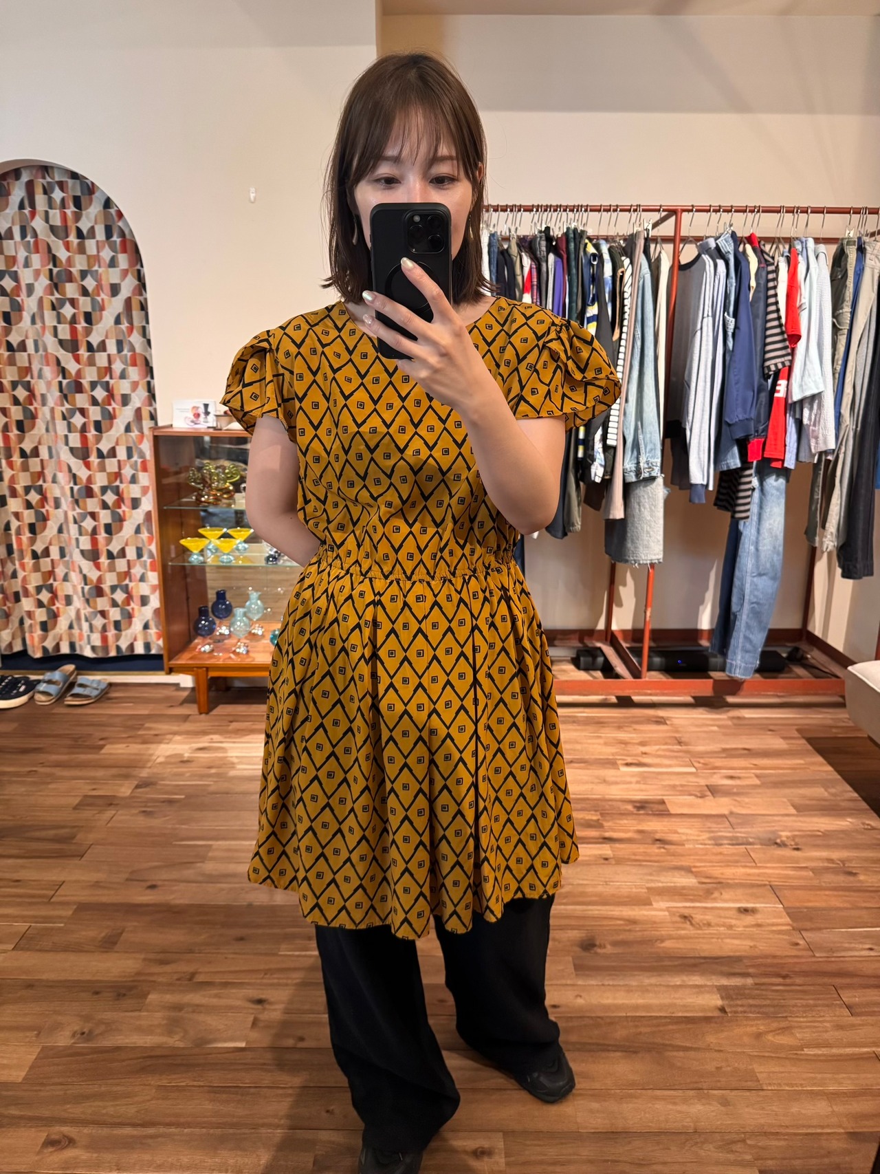 Nani closet マスタード・ダイヤ柄ワンピース