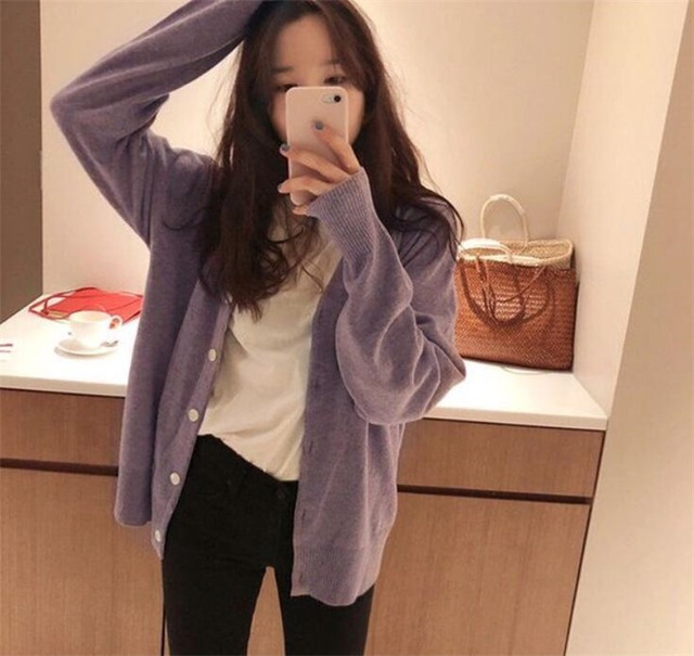 韓国 ファッション スウィート ニット気質 カーディガン Vネック 長袖 セーター コート
