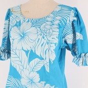 フラダンス 衣装 ワンピース ドレス ブルー系 ホワイト系 ハイビスカス柄 モンステラ柄 フリル かわいい 華やか 鮮やか 明るい 爽やか 水色 白 ダンス衣装 ハワイアンダンス レディース ハワイアン アロハ ハワイアンプリント フラ ダンス レッスン 練習