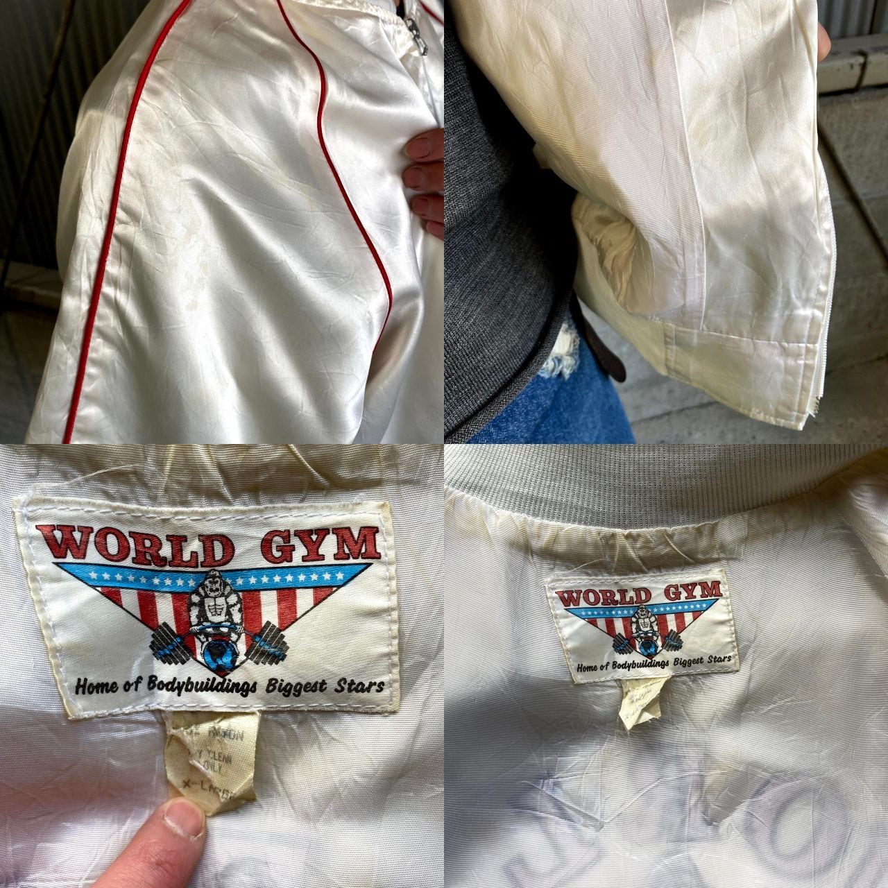 80年代 WORLD GYM 企業系刺繍入り ナイロンジャケット メンズXL 古着 ワールドジム サテンステジャン 80S ビンテージ ヴィンテージ  ボディービル プロレス ホワイト 白【ナイロンジャケット】 | cave 古着屋【公式】古着通販サイト