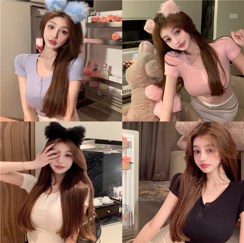 Tシャツ Vネックショートスリムブルートップス サマースタイル 夏物 ブラックストロベリース60939443279