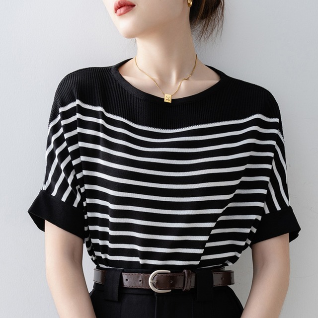 ボーダー クルーネック 半袖 プルオーバー ブラック 250451