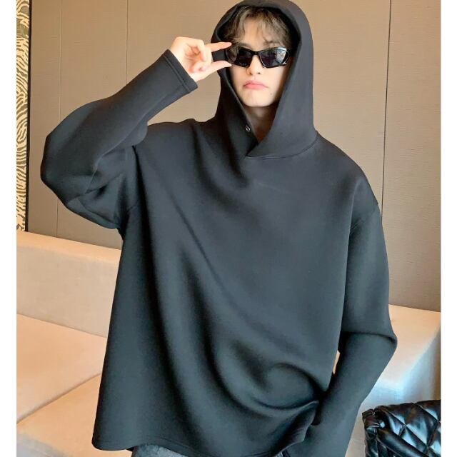 【予約販売】パーカー フーディー シンプル 落肩 長袖 メンズ ブラック グレー 無地 ベーシック カジュアル こなれ感 お洒落 韓国 トレンド 冬秋春 M/L/XL