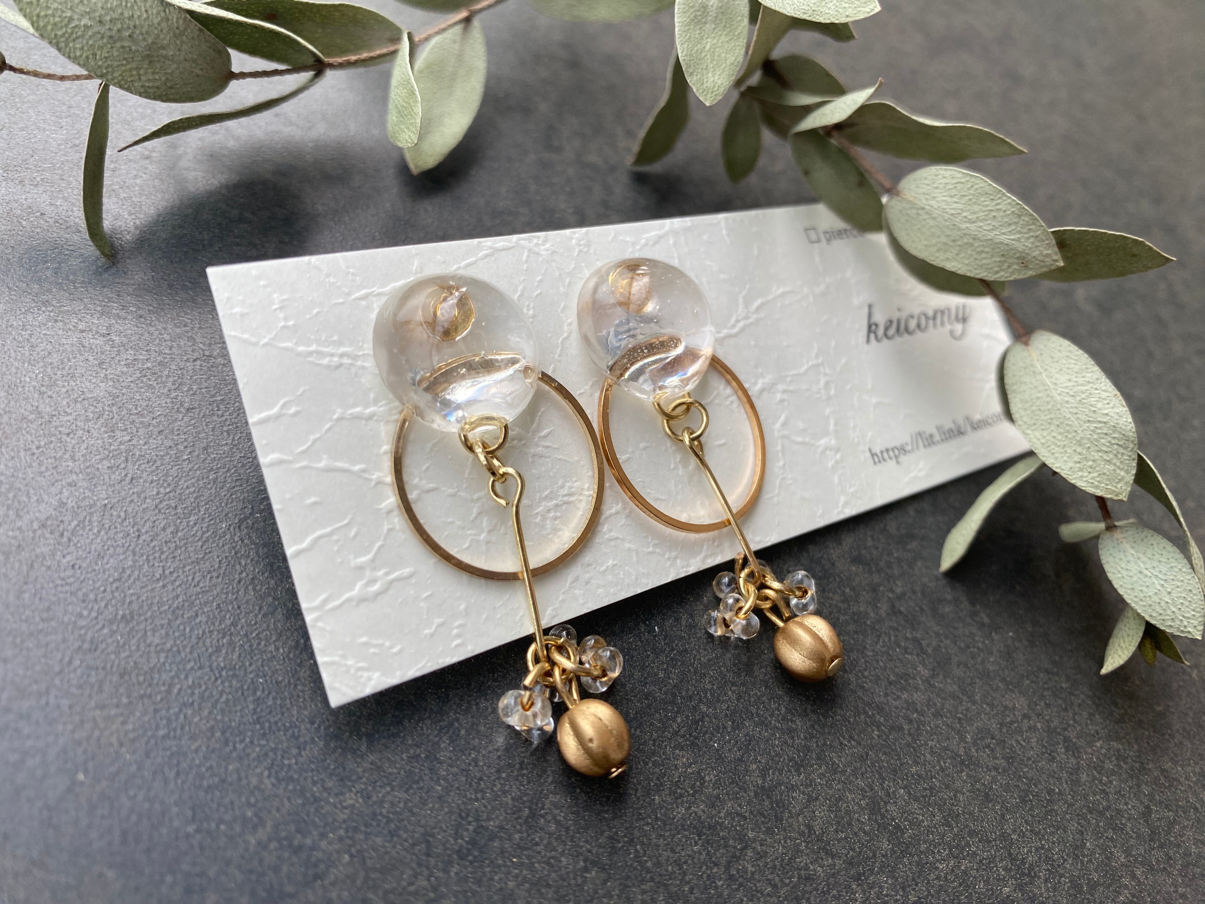 121☻ハンドメイド*ゴールドクリア マーブルスクエア クリップ イヤリング