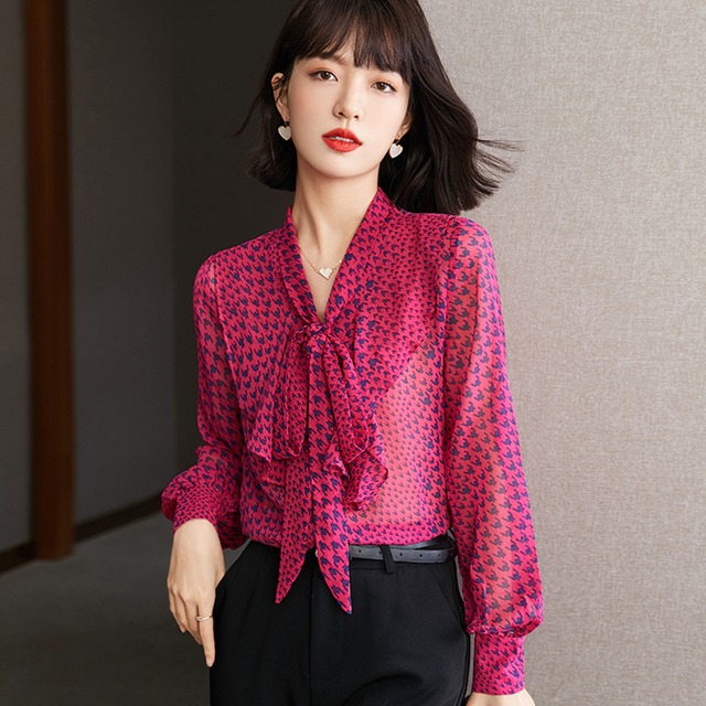 Top Mode トップス シャツ ブラウス Cool 長袖 リボンタイ ボウタイ フリル ドレープ 落ち感 ピンク マゼンタ フューシャピンク ショッキングピンク ベリー 千鳥格子 ハウンドトゥース フェミニン カジュアル Vネック 鮮やか Nov276 Top Mode