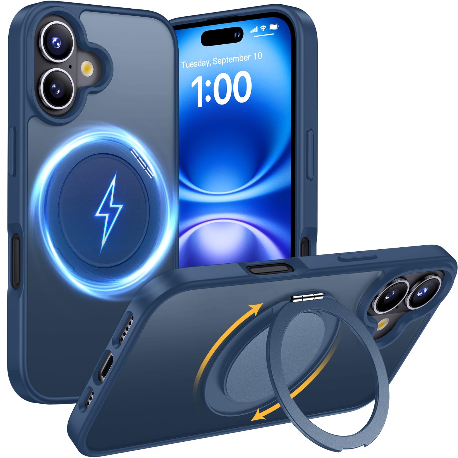 Aunote iPhone 16 ケース MagSafe対応 耐衝撃 360°回転スタンド 縦横両対応 マグネット搭載 黄変防止 マット感 あいふおん16ケース 6.1インチ 半透明・ブルー