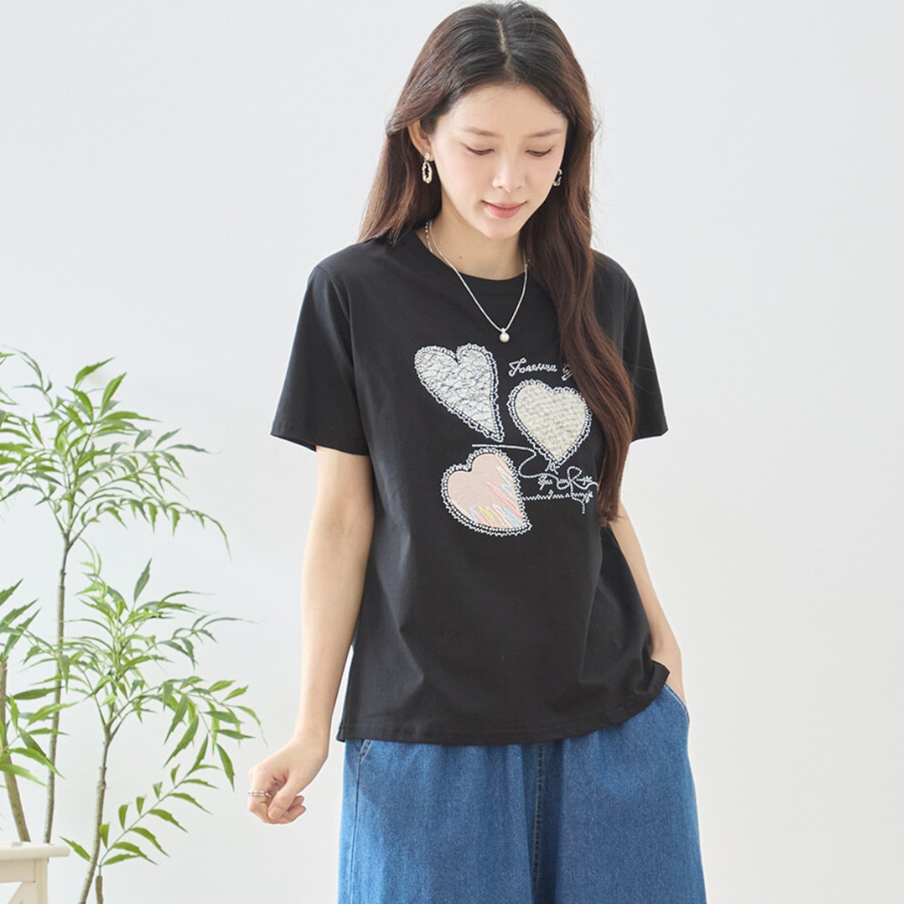 TRUBE レースハートラインストーンスパンコールデコTシャツ【M~L】ブラック