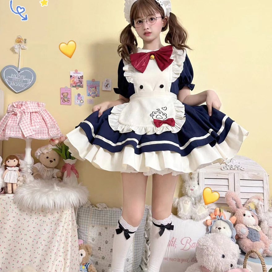 ワンピース パフスリーブ フリル リボン エプロン メイド服 コンカフェ