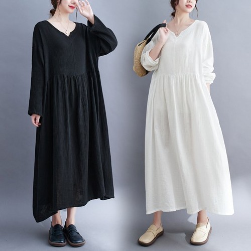 ロングワンピース レディース 長袖ワンピース Vネック シンプル 無地 ゆったり ルーズシルエット カジュアル お出掛け 春秋 コットン 綿 ホワイト ブラック 白 黒 ロングスカート