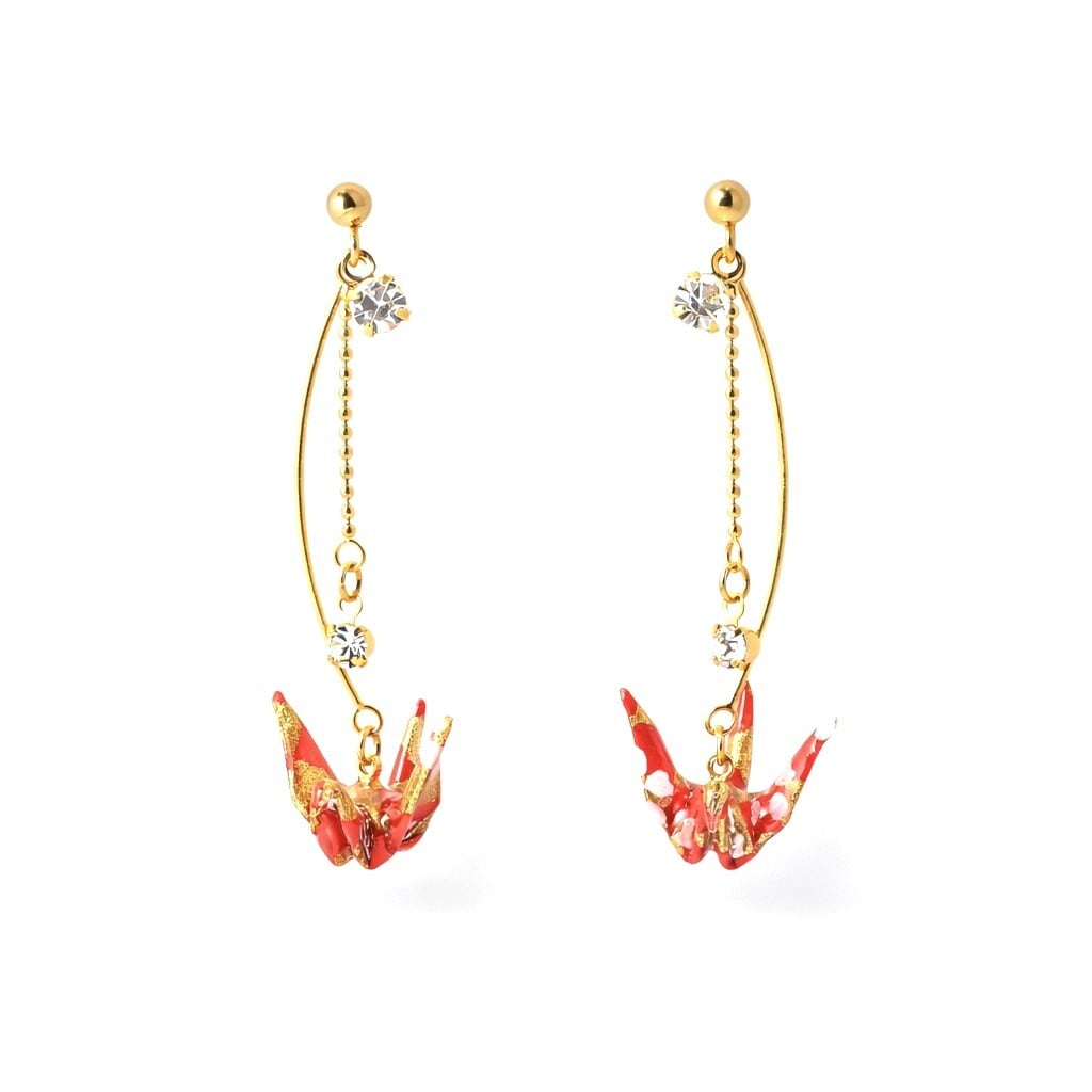 折り鶴とクリスタルのピアス|ギフトボックス付き|赤