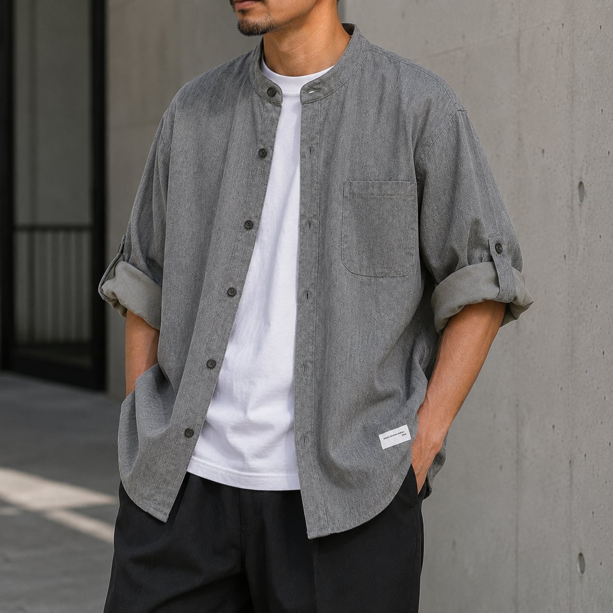 【H0438】Corduroy Band Collar Three-Quarter Sleeve Shirt / 4color