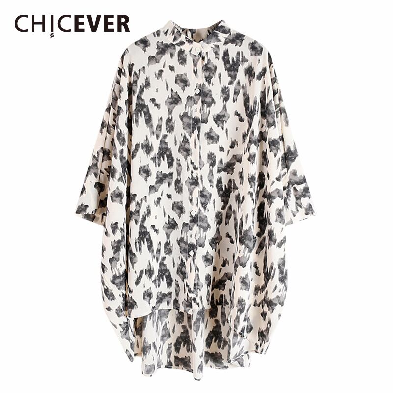 CHICEVERヒョウ柄レディースシャツスタンドカラーバットウィングハーフスリーブ非対称ヒットカラーサマーブラウスヴィンテージ2020 半袖 夏物 ビンテージ 6base590832916577