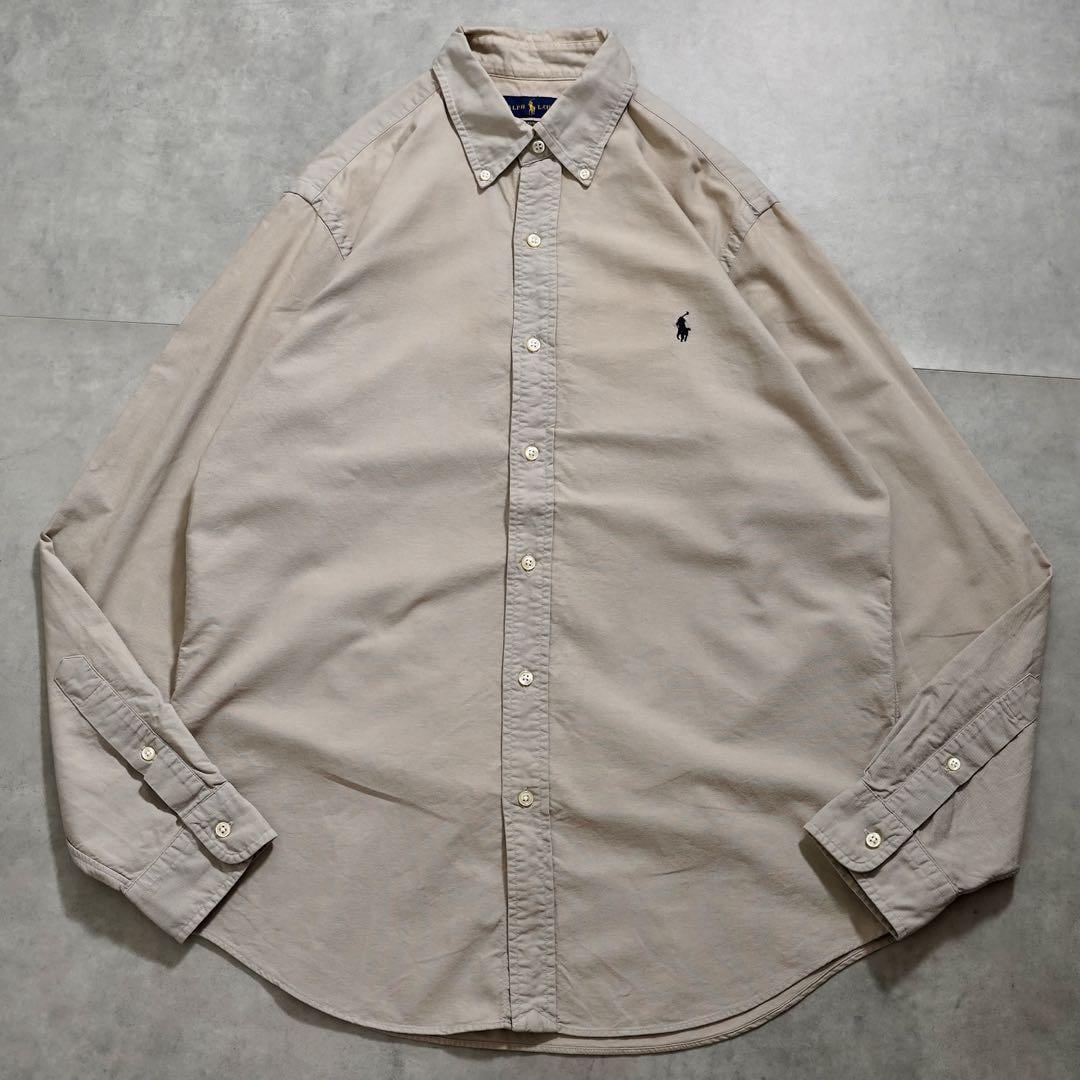 ラルフローレン 無地 シャツ 古着 ポニー 刺繍 M ベージュ 16258