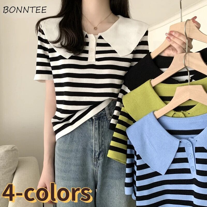 【新作】【送料無料】 Tシャツ女性レトロストライプニット夏薄いだぶだぶオールマッチファッション韓国スタイルストリートプレッピーヤングシッククラシック新 0237121641234
