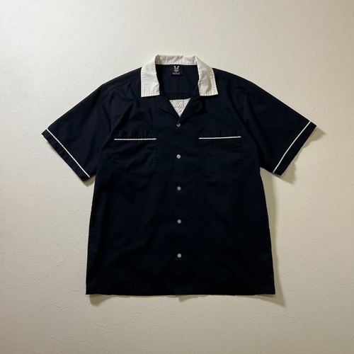 Hilton　オープンカラー　開襟　バックプリント　アクションプリーツ　ボーリングシャツ　半袖シャツ　ヒルトン　ブラック　M 古着