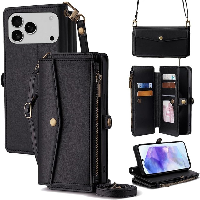 for iPhone 18 Pro/iPhone 17 Pro ケース 財布型 for iPhone 18プロ 手帳型 ショルダー ストラップ長+短2本 5枚カード収納 1枚の写真収納スタンド機能 1枚の現金収納 1つのジッパーポケット 防落・防コケ・防ひび PUレザー プレゼント COCOCLOUD ブラック01
