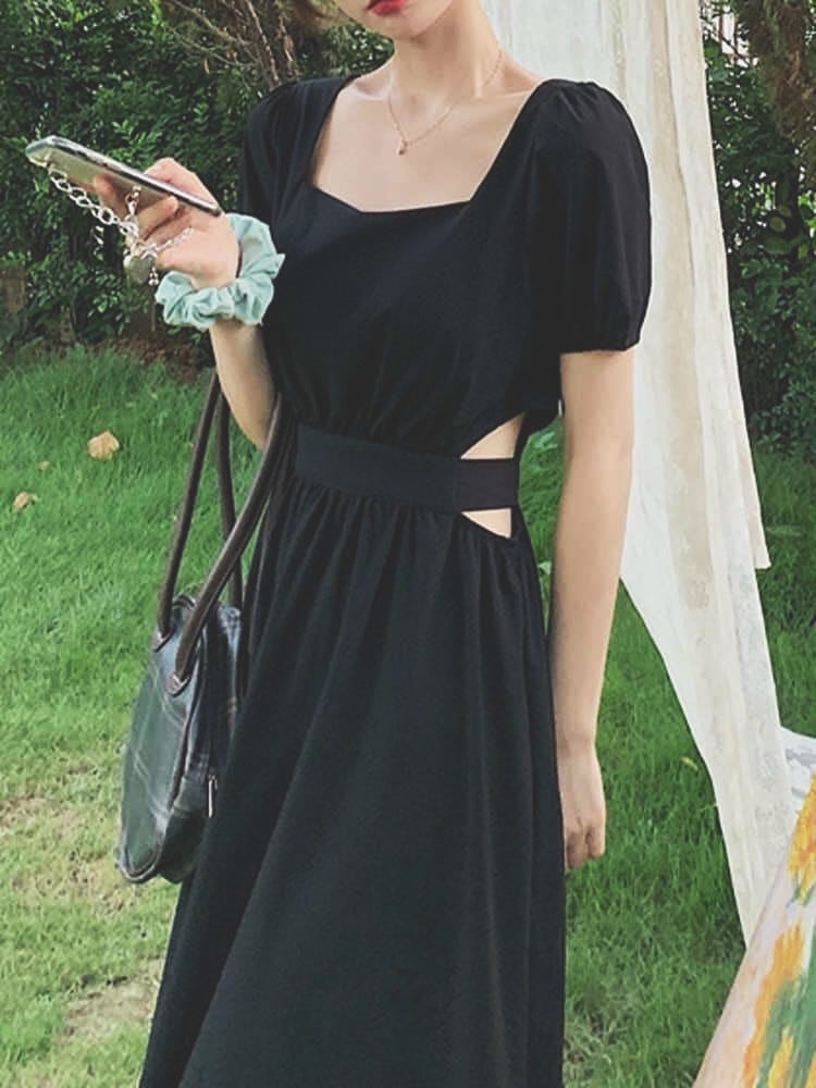 ウエストカットアウトミモレワンピース フォーマルコーデ お呼ばれ きれいめ おしゃれ エレガント 大きいサイズ 韓国 CH5141