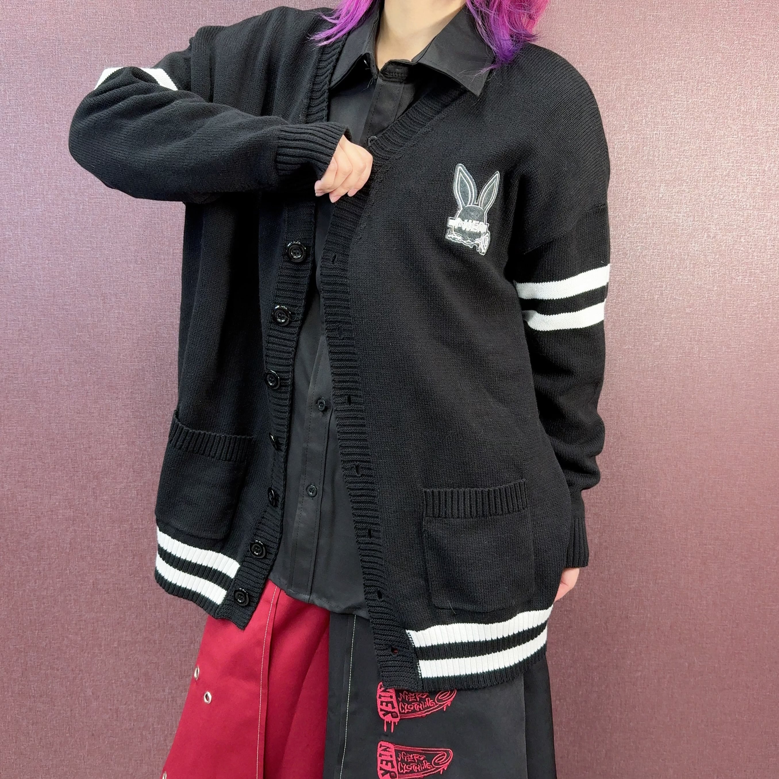 NieR clothing ロングラビットイヤーズシャギーニットカーディガン BLACK KNIT CARDIGAN 【RABBIT LOGO刺繍入り】 | NIER CLOTHING