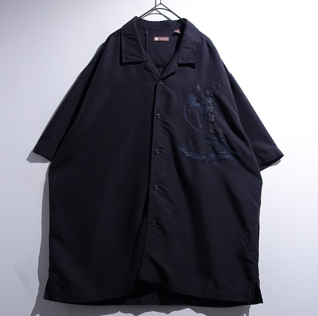 Black Hotel & Car Motif Embroidered Design Open Collar Shirt