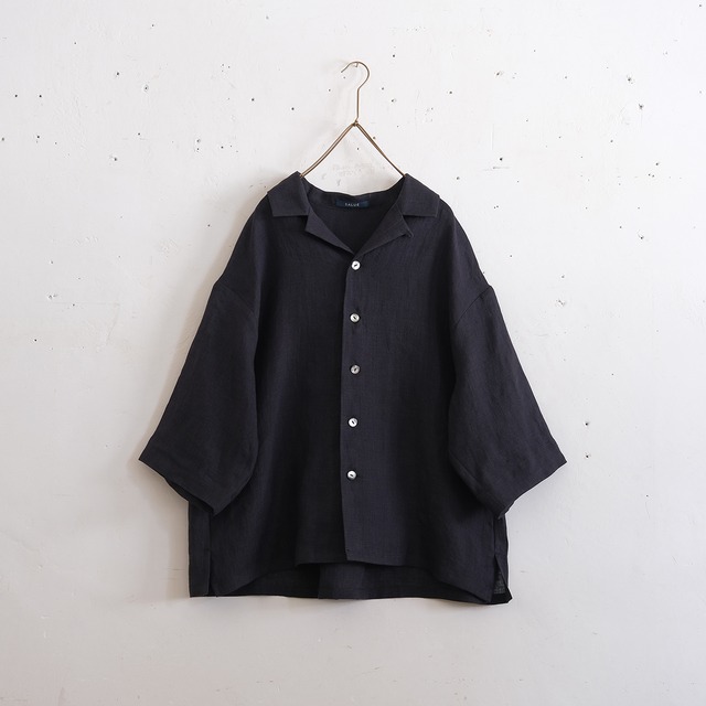 【6末-7月入荷】middle sleeve 2way open collar shirt／light weight linen〈ink black〉