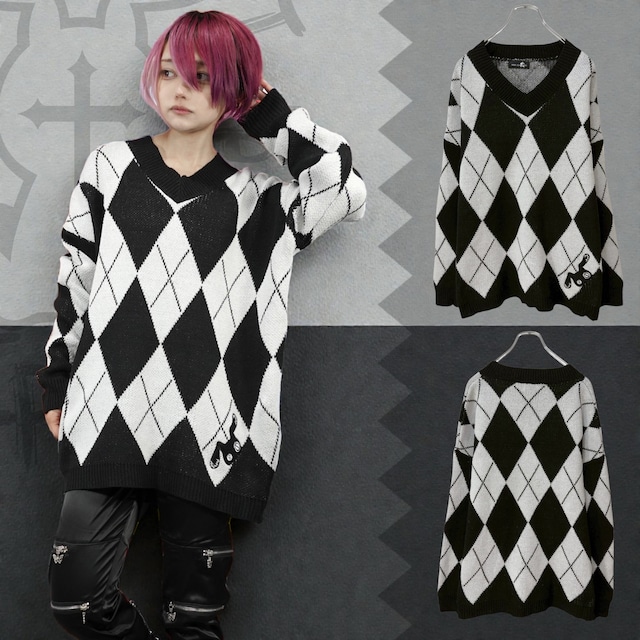《2026新年お祝いプレゼント》アーガイル柄ルーズVネックニットトップス