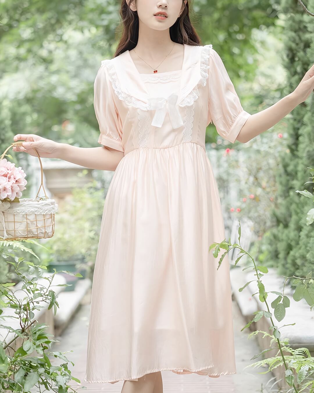 ピンクレースセーラーリボンワンピース 2505006