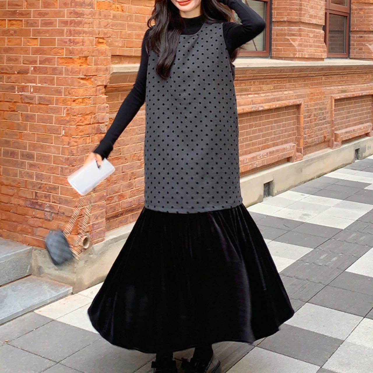 Black shirt & polka dot velvet dress set S1766