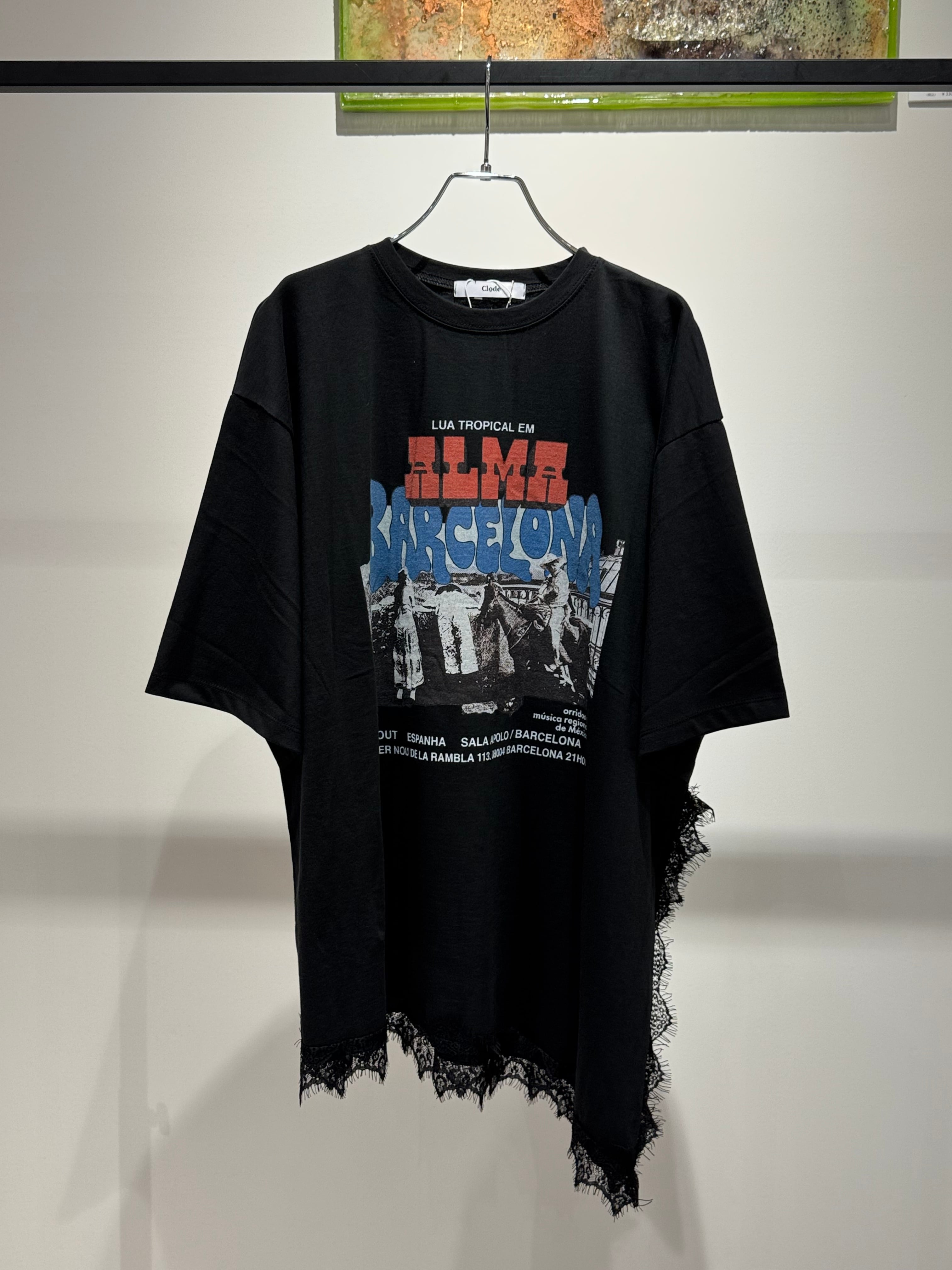 lace asymmetry hem print T-shirt