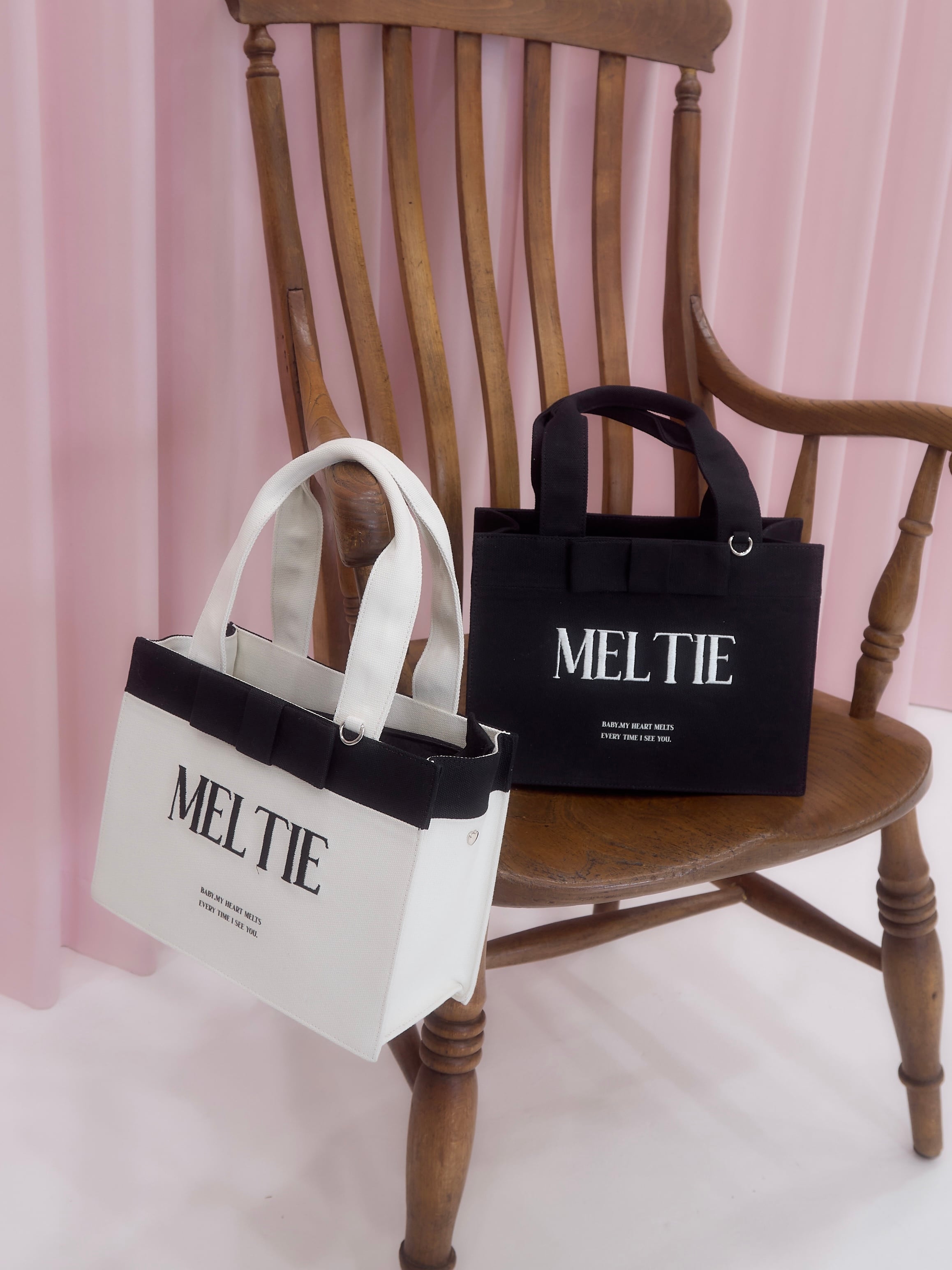 meltie リボンキャンバストートバッグ S 黒 ribbon canvas tote bag〈LARGE〉 | meltie