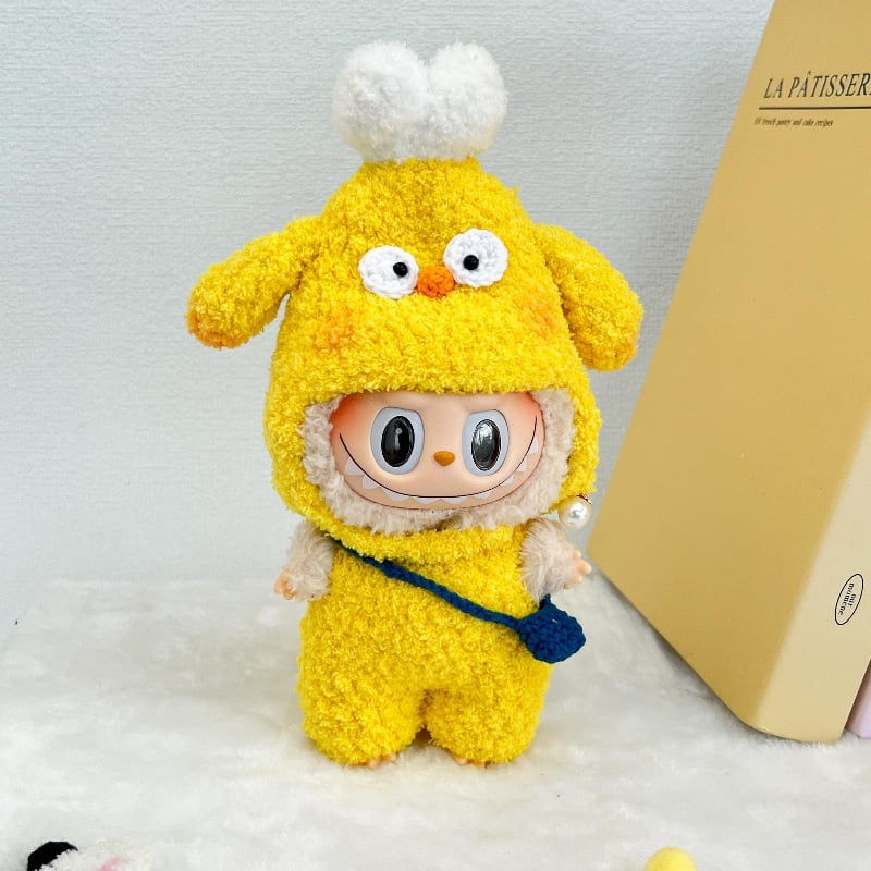 ポップな黄色が可愛い!Labubuがチキンに大変身♡ もこもこ手編み着替えセット 15cm/17cm対応 思わずニヤリのデザイン コスチューム ファン必携