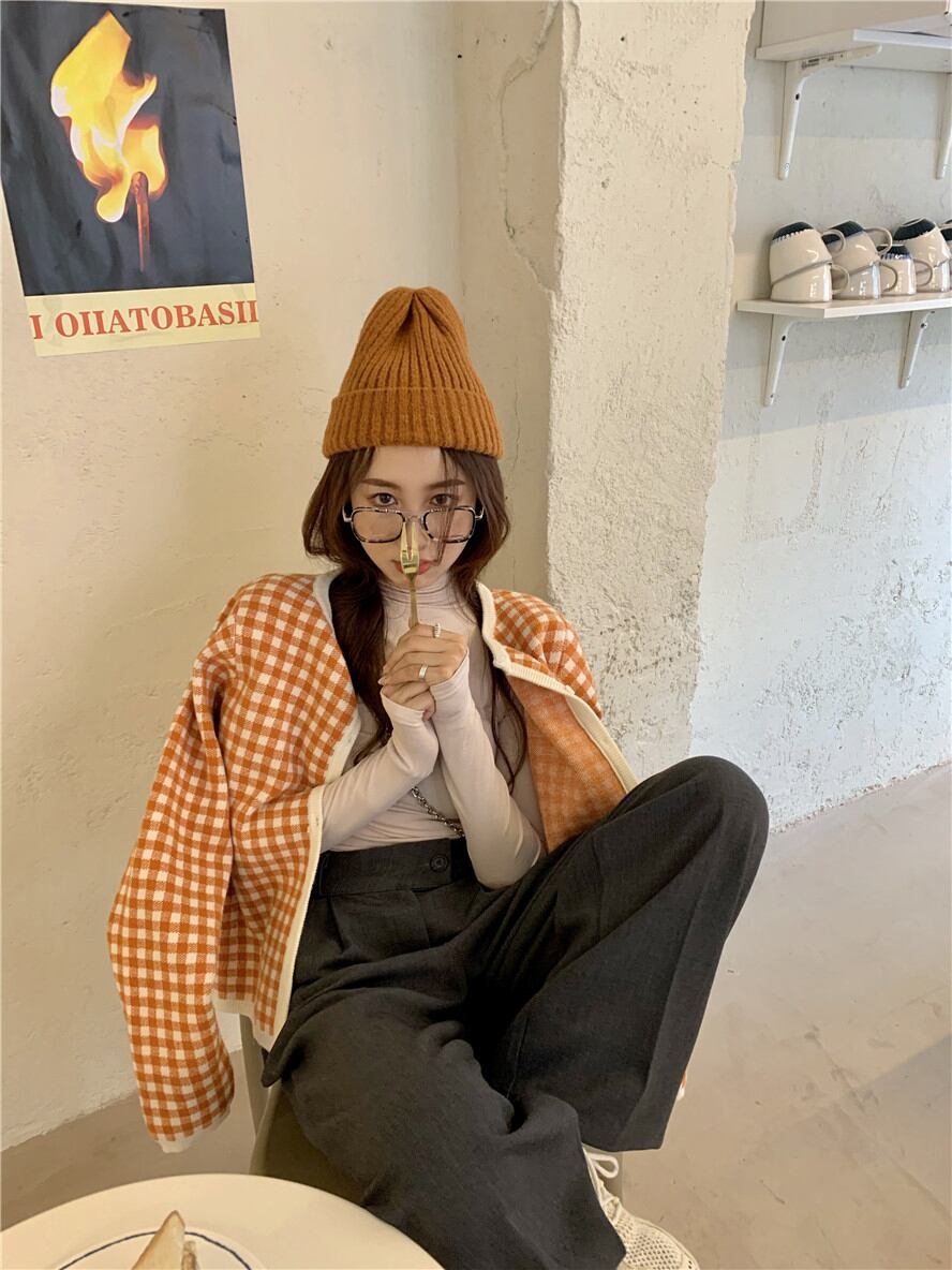 ニットセーター 格子柄カラースリムトップス スプリングスタンダードカーディガンジャケット レトロ 春物 ブラックストロベリース947297989