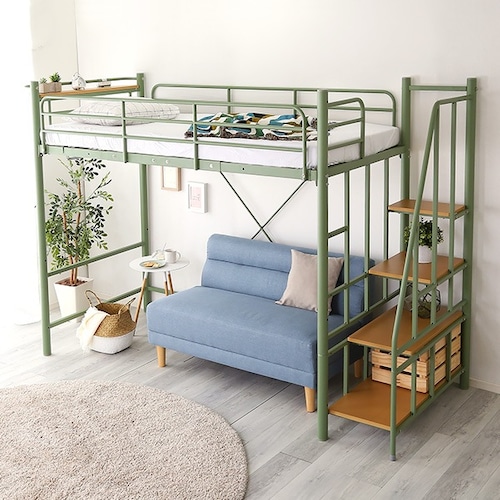 北欧 インテリア 階段付き パイプロフトベッド 寝具 べット 高さ調整可能 6カラー