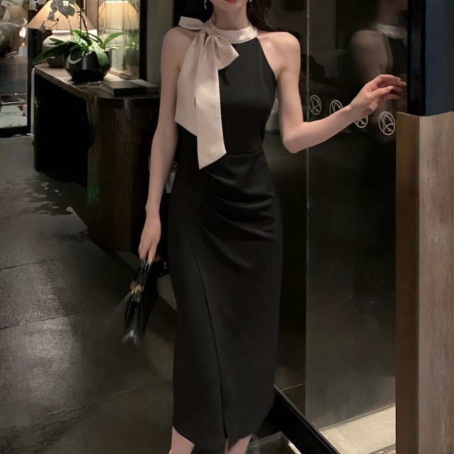 フレンチスタイルオフショルダーホルダーネックパーティードレス　BM1280