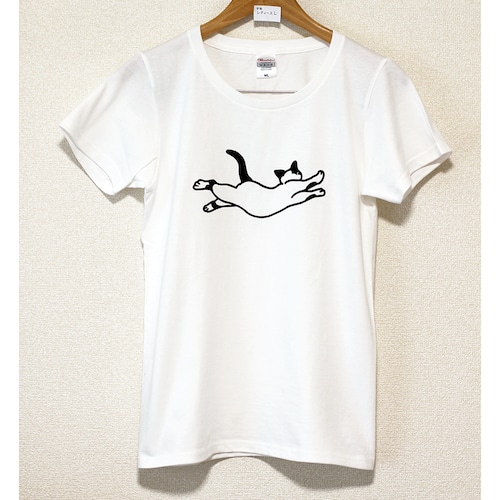 WL手刷りTシャツ 飛びネコ　白sizeレディースL(no.2)