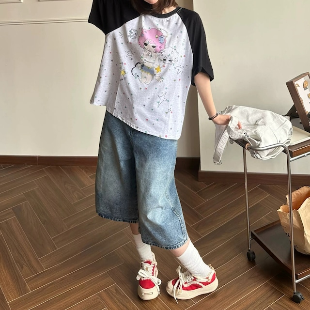 バックロゴスターモチーフデニムキュロットパンツ 1col R02526