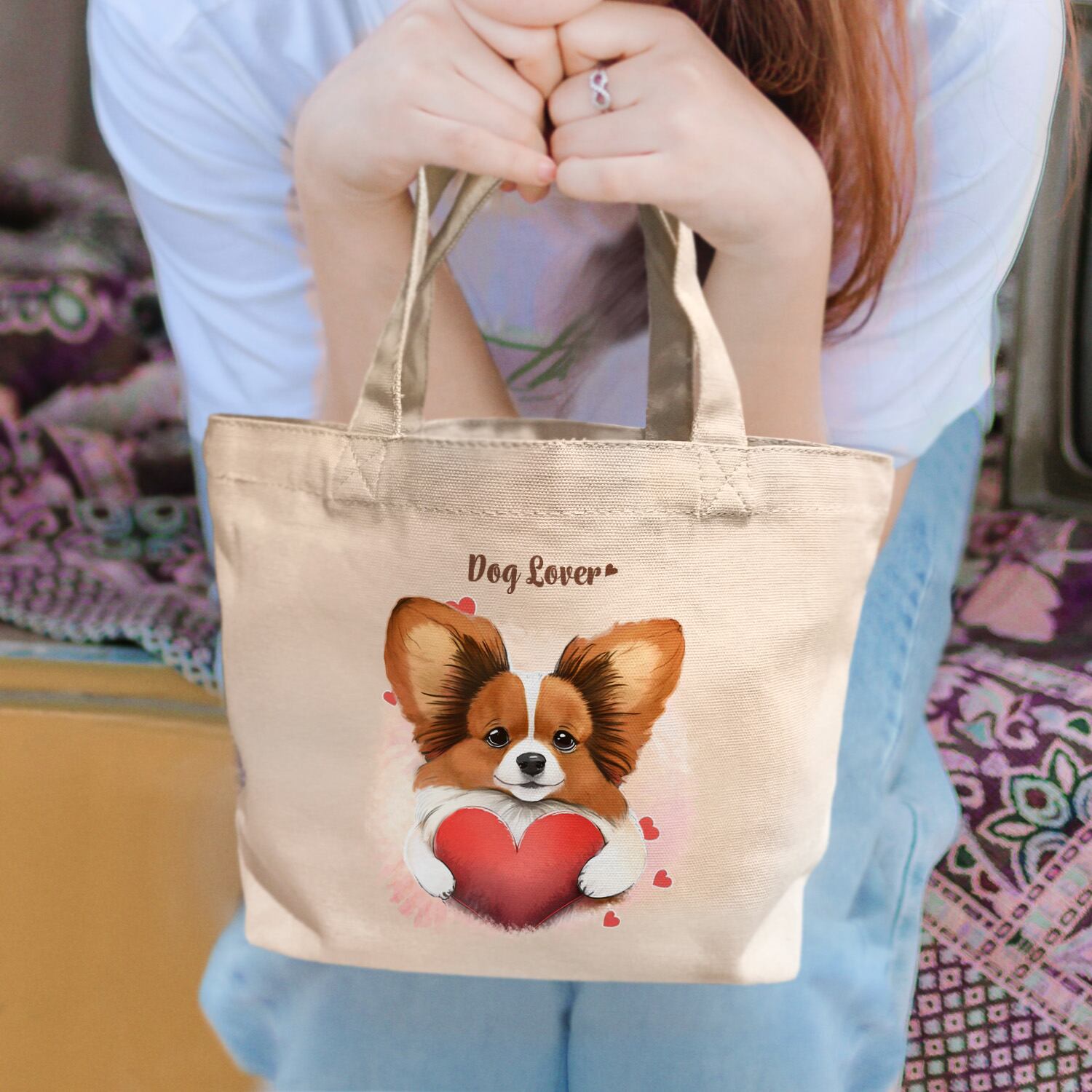 専用　ハンドメイド　刺繍　パピヨン　うちの子　ミニバッグ　犬 キュンです パピヨン 】ミニキャンバス トートバッグ 犬 ペット うちの